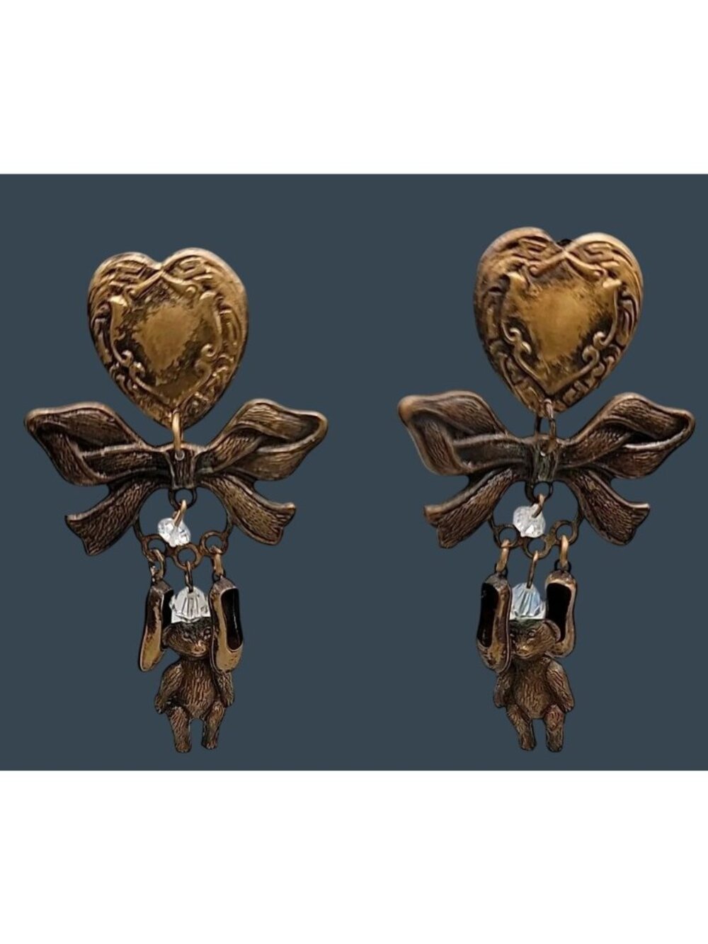 Vintage Dangling Ballet Teddy Bear Heart & Bow Clip-on Earrings Brass Tone